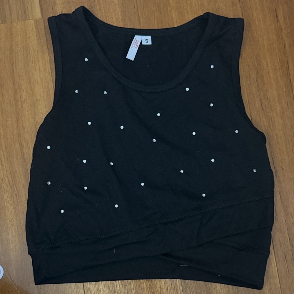 Sofi Black Sleeveless Crop Top with Rhinestone Accents